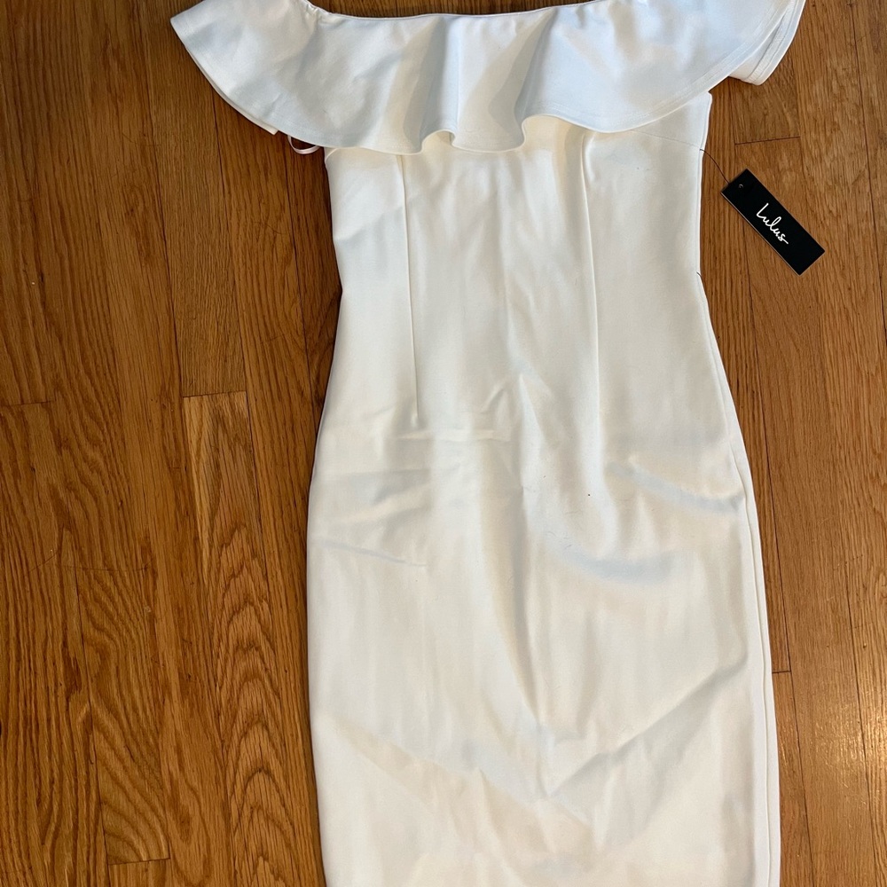 Lulu's City Nights Ivory Ruffled Off-the-Shoulder Midi Dress
